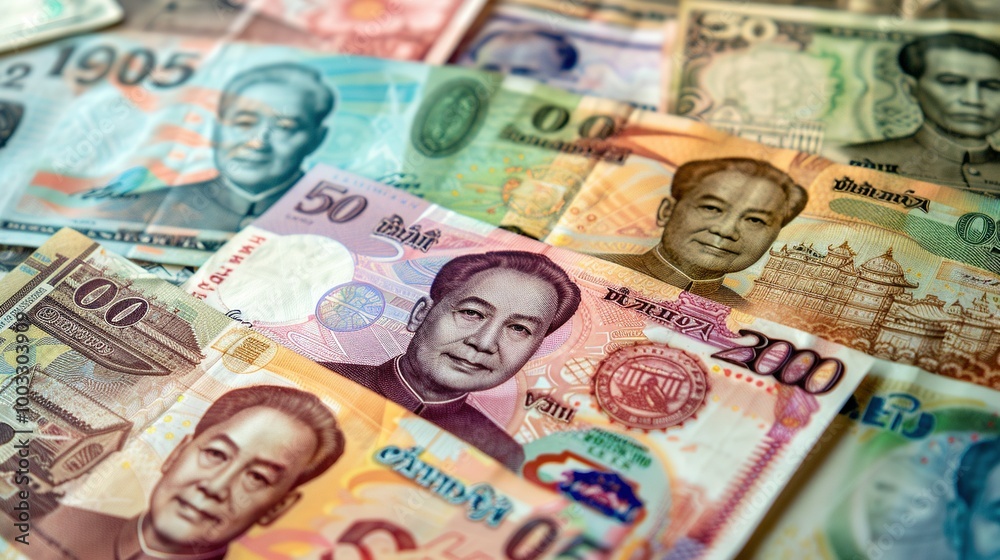 Obraz premium Close-up of Multiple Foreign Currency Banknotes