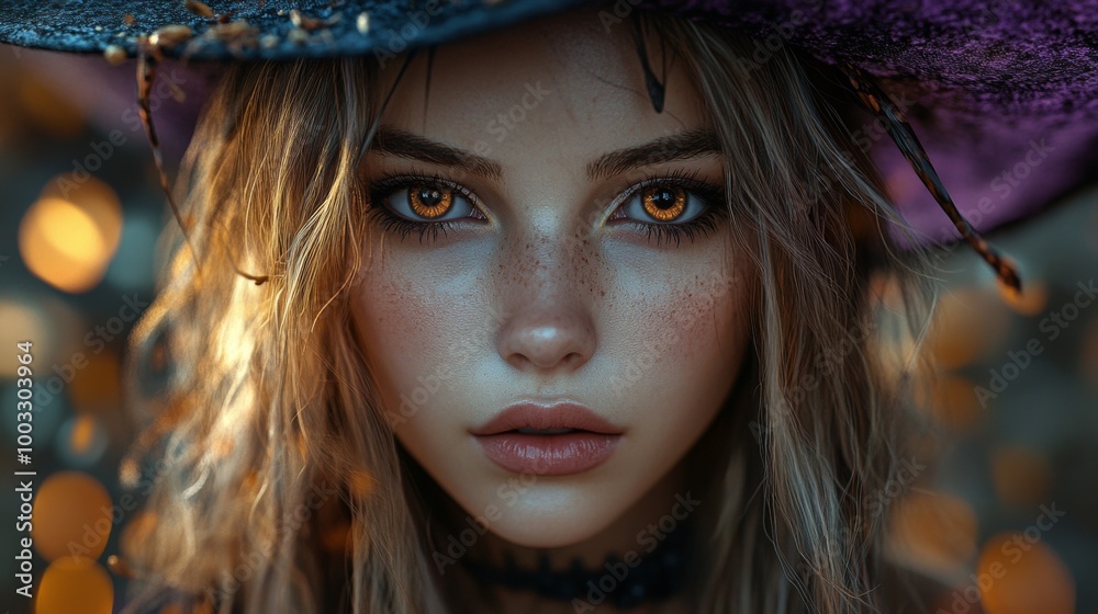 Enchanting Witch in Autumn Setting with Pumpkins and Magical Atmosphere Enchanting Witch in Autumn Setting with Pumpkins and Magical Atmosphere