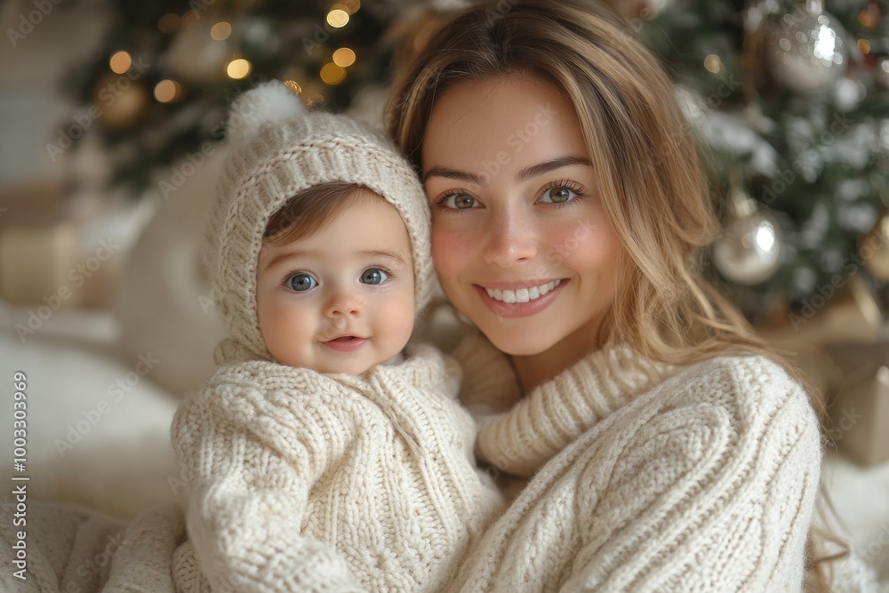 Beautiful young mother and her adorable little daughter in warm knitted hats and scarves on the background of the Christmas tree