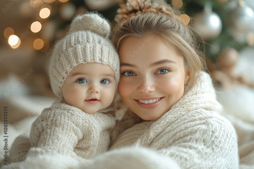 Beautiful young mother and her adorable little daughter in warm knitted hats and scarves on the background of the Christmas tree