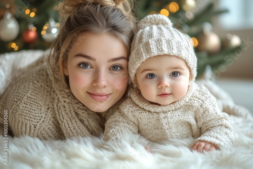 Beautiful young mother and her adorable little daughter in knitted hats are sitting on the floor near the Christmas tree.