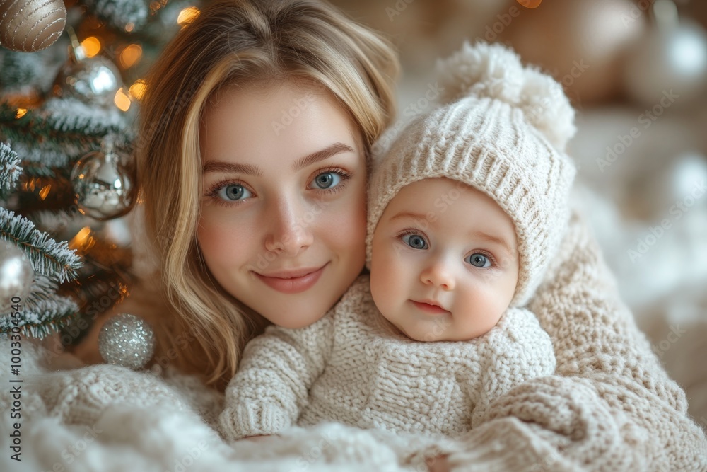Beautiful young mother and her adorable little daughter in warm knitted hats and scarves on the background of the Christmas tree Beautiful young mother and her adorable little daughter in warm knitted hats and scarves on the background of the Christmas tree