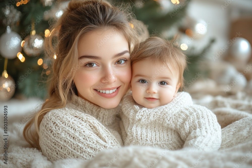 Obraz premium Beautiful young mother and her adorable little daughter in knitted hats are sitting on the floor near the Christmas tree.