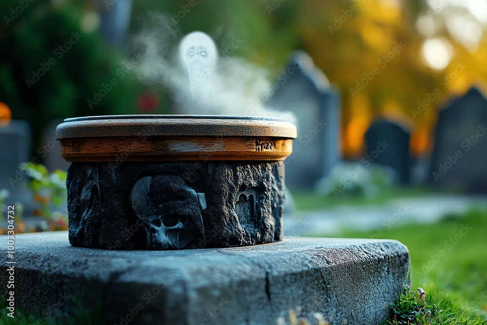 A ghostly apparition in a foggy graveyard, with tombstones shrouded in mist and the faint outline of a ghost floating among the shadows A ghostly apparition in a foggy graveyard, with tombstones shrouded in mist and the faint outline of a ghost floating among the shadows
