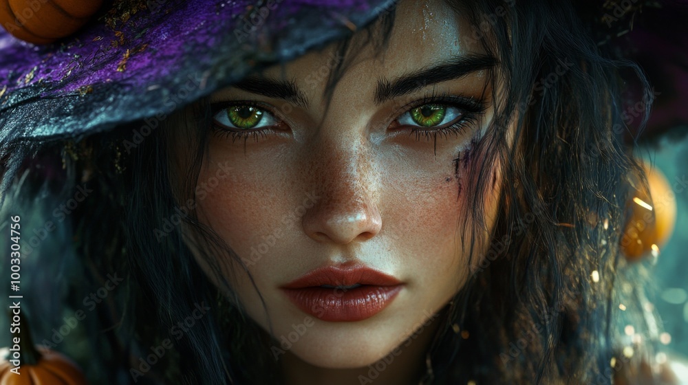 Enchanting Witch in Autumn Setting with Pumpkins and Magical Atmosphere Enchanting Witch in Autumn Setting with Pumpkins and Magical Atmosphere