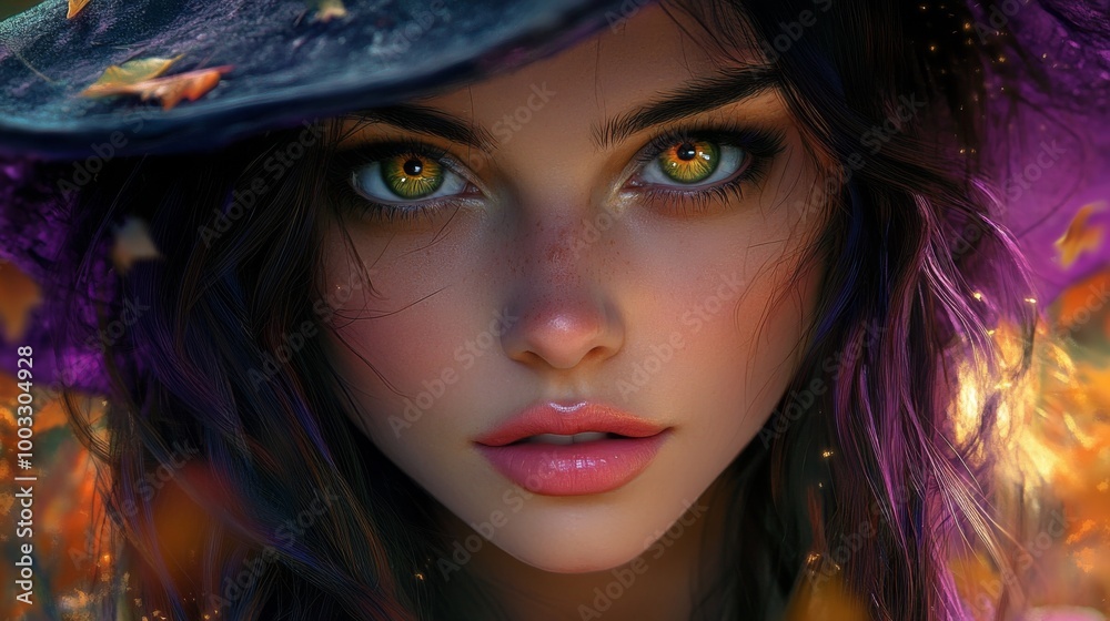 Enchanting Witch in Autumn Setting with Pumpkins and Magical Atmosphere Enchanting Witch in Autumn Setting with Pumpkins and Magical Atmosphere