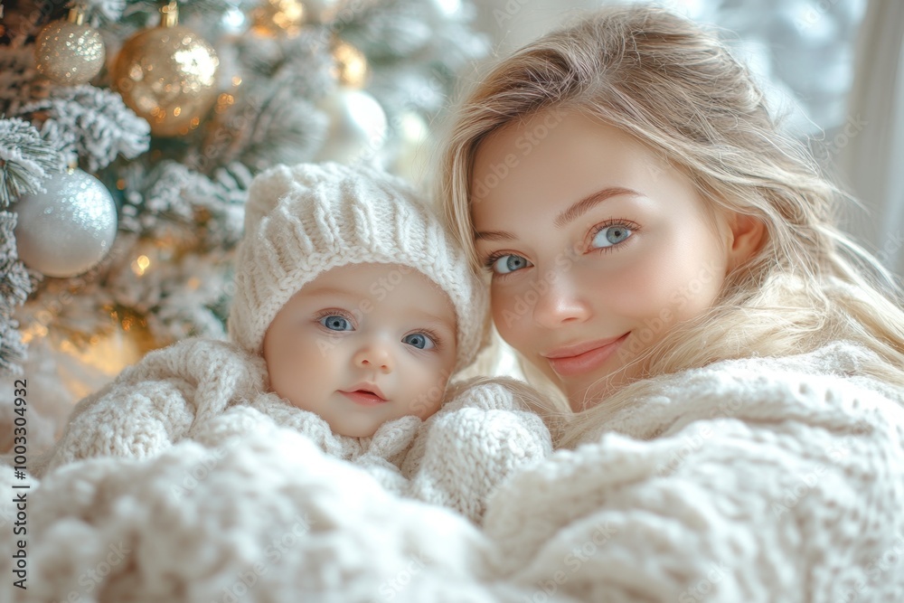 Beautiful young mother and her adorable little daughter in warm knitted hats and scarves on the background of the Christmas tree Beautiful young mother and her adorable little daughter in warm knitted hats and scarves on the background of the Christmas tree