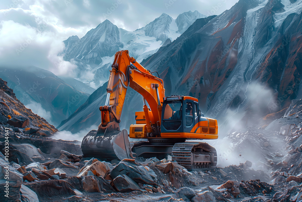 Coal deposits. Crawler excavator is located in stone quarry. Mining coal ore in highlands. Crawler excavator on site Coal deposits. Crawler excavator is located in stone quarry. Mining coal ore in highlands. Crawler excavator on site