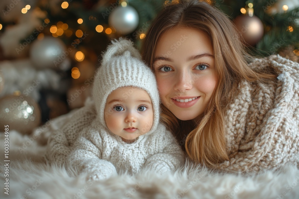 Beautiful young mother and her adorable little daughter in knitted hats are sitting on the floor near the Christmas tree. Beautiful young mother and her adorable little daughter in knitted hats are sitting on the floor near the Christmas tree.