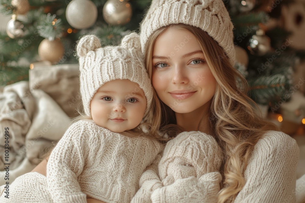 Beautiful young mother and her adorable little daughter in warm knitted hats and scarves on the background of the Christmas tree Beautiful young mother and her adorable little daughter in warm knitted hats and scarves on the background of the Christmas tree