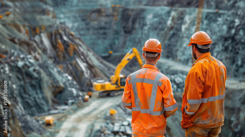 Workers in quarry for extraction of coal ore. Mining mine with men standing with their backs to camera. Mining of minerals. Two miners in orange uniforms near quarry