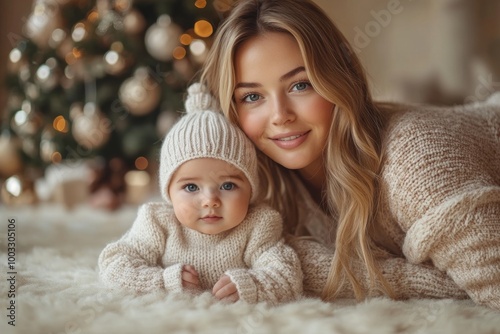 Beautiful young mother and her adorable little daughter in knitted hats are sitting on the floor near the Christmas tree.