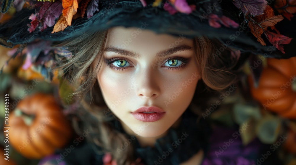 Enchanting Witch in Autumn Setting with Pumpkins and Magical Atmosphere Enchanting Witch in Autumn Setting with Pumpkins and Magical Atmosphere