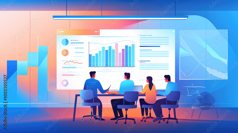 Group of analysts sits near statistical charts. Teamwork of people analyzing data. Workplace of analysts studying diagrams together Group of analysts sits near statistical charts. Teamwork of people analyzing data. Workplace of analysts studying diagrams together