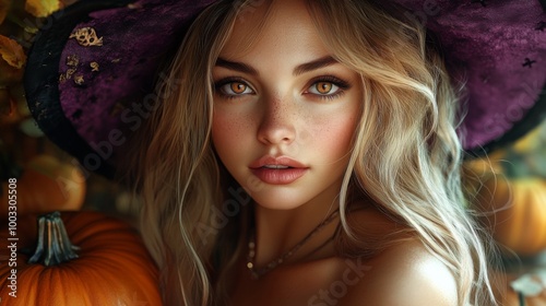 Enchanting Witch in Autumn Setting with Pumpkins and Magical Atmosphere
