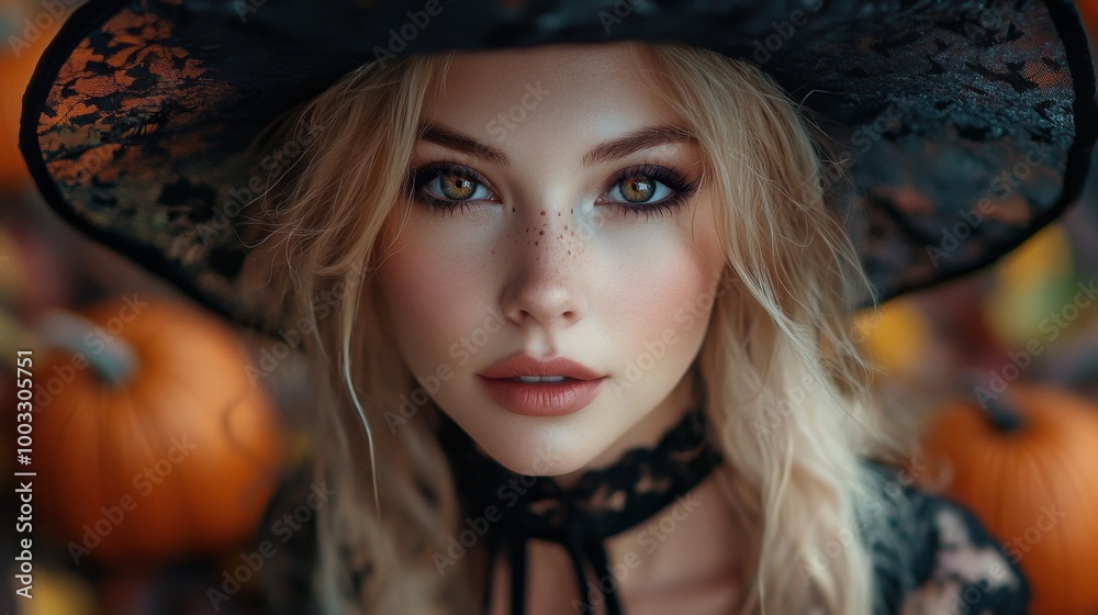 Enchanting Witch in Autumn Setting with Pumpkins and Magical Atmosphere Enchanting Witch in Autumn Setting with Pumpkins and Magical Atmosphere