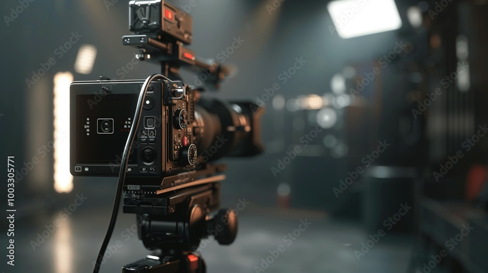 Fototapeta premium Professional Film Camera on a Tripod with Lights in the Background