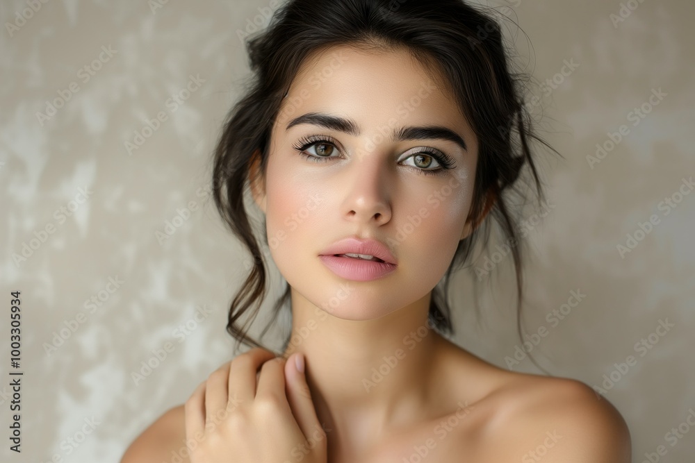 Naklejka premium Young caucasian woman with natural makeup on light background. Beautiful female with healthy skin, moisturized face, smooth body. Fresh, pretty portrait of woman, highlighting skincare, cosmetology