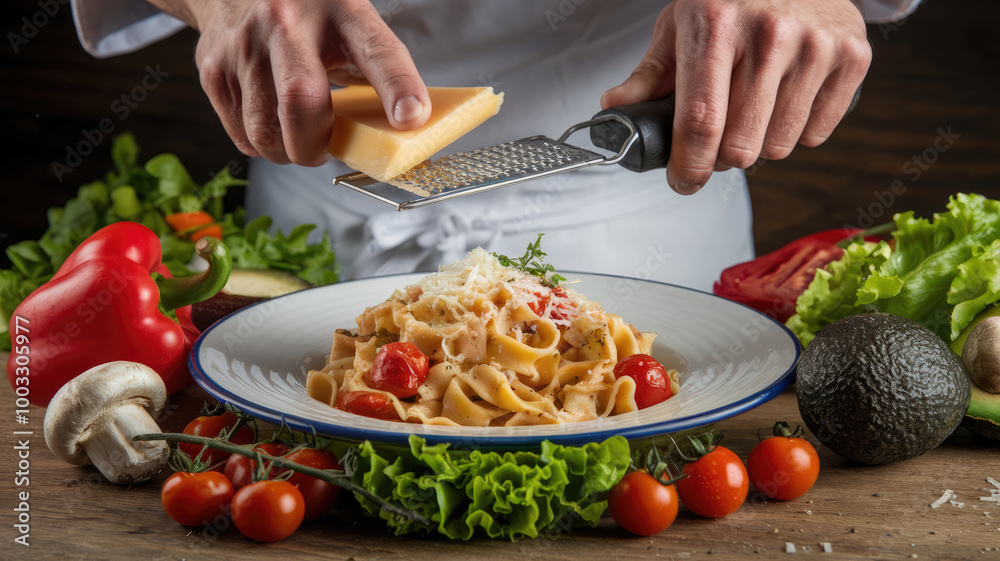 A chef is preparing a plate of pasta with cheese and tomatoes. The plate is on a wooden table A chef is preparing a plate of pasta with cheese and tomatoes. The plate is on a wooden table