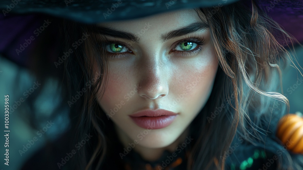 Enchanting Witch in Autumn Setting with Pumpkins and Magical Atmosphere Enchanting Witch in Autumn Setting with Pumpkins and Magical Atmosphere