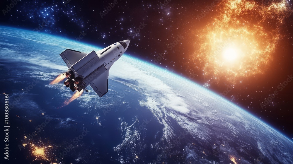 Earth and Space: A Banner Featuring Stars and a Spaceship Earth and Space: A Banner Featuring Stars and a Spaceship