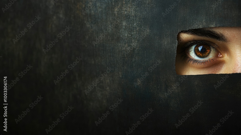Eye of person peering through narrow opening in dark surface Eye of person peering through narrow opening in dark surface