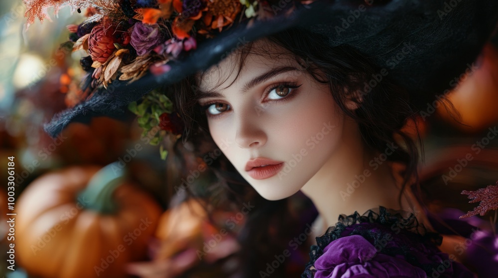 Enchanting Witch in Autumn Setting with Pumpkins and Magical Atmosphere Enchanting Witch in Autumn Setting with Pumpkins and Magical Atmosphere