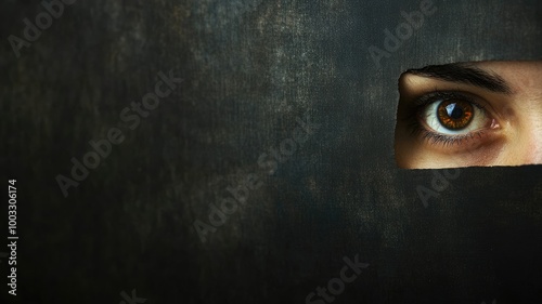 Eye of person peering through narrow opening in dark surface photo