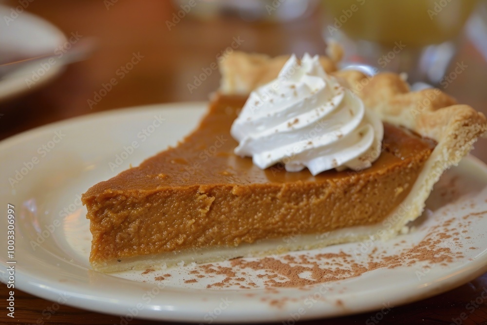 slice of pumpkin pie topped with whipped cream, served on a white plate, with a dusting of cinnamon slice of pumpkin pie topped with whipped cream, served on a white plate, with a dusting of cinnamon