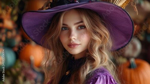 Enchanting Witch in Autumn Setting with Pumpkins and Magical Atmosphere