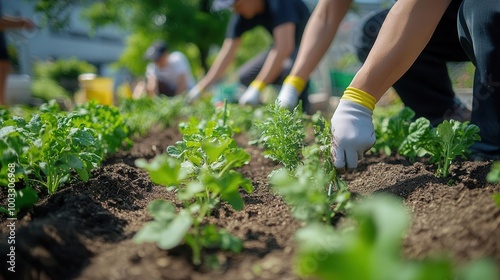 A community garden initiative with volunteers planting crops, surrounded by modern urban architecture and eco-friendly design elements Urban Nature Realism Bright Colors