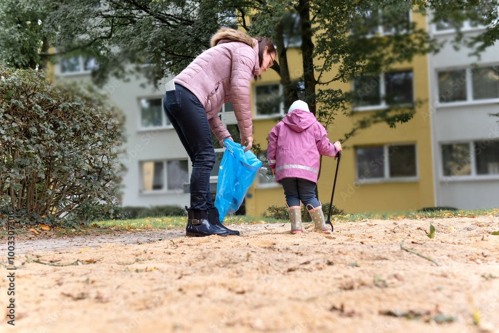 The mother is teaching her daughter to collect garbage on the playground. The mother is teaching her daughter to collect garbage on the playground.