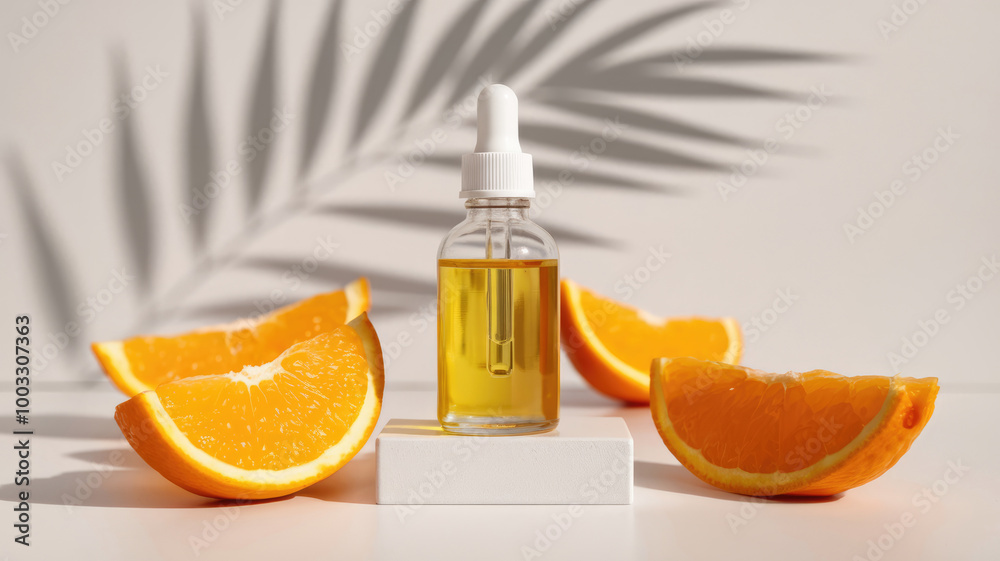 A bottle of essential oil is on a table with a few oranges. The bottle is on a white pedestal