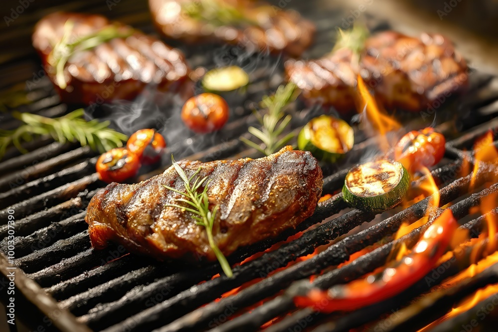 Juicy grilled meat with colorful vegetables on smoky charcoal grill. Sizzling hot food with rosemary herbs, beef, pork on grid. Close-up of deliciously cooked steak with mushroom, tomatoes, pepper.
