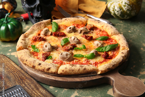 Wooden board of tasty pizza...