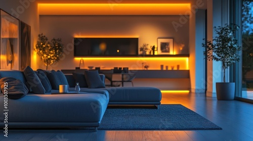 A home automation system setup with sleek, modern devices controlling lighting, temperature, and security in a minimalist living room Minimalist Soft Lighting 3D Render