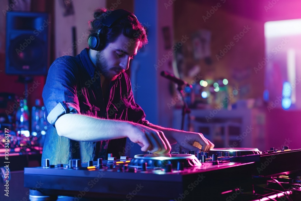 Naklejka premium Male DJ spins tracks in a dark nightclub with blue and pink lights. Caucasian man wears earphones, controls console with hands. Club atmosphere, energetic crowd, people dance and have fun.