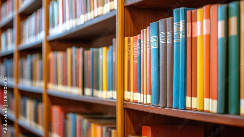 Rows of colorful books on wooden shelves in well-lit library Rows of colorful books on wooden shelves in well-lit library