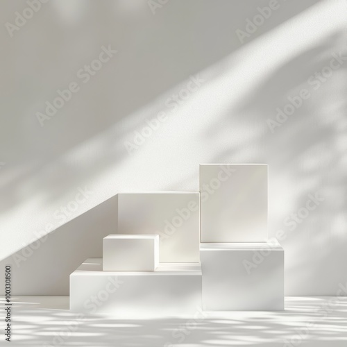 Abstract scene with three white podiums on white background. 3d render photo