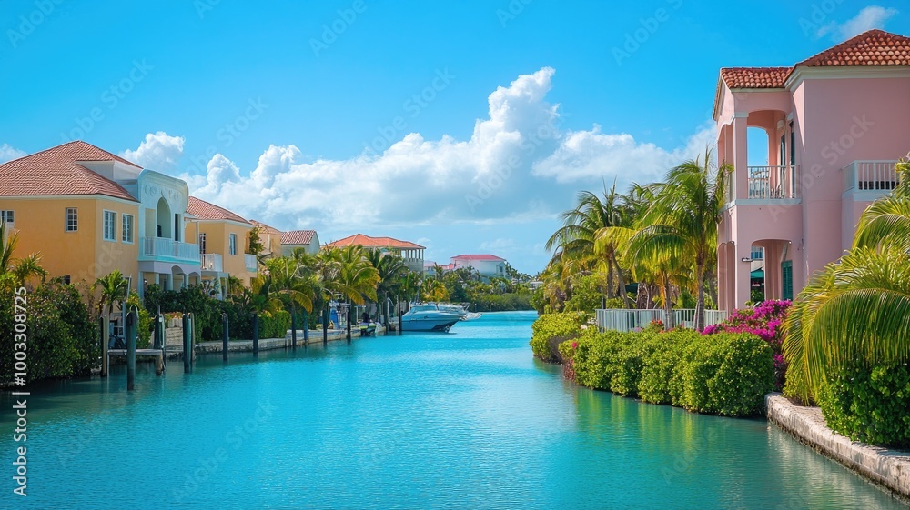 Obraz premium Tropical waterfront houses with vibrant colors and lush landscaping
