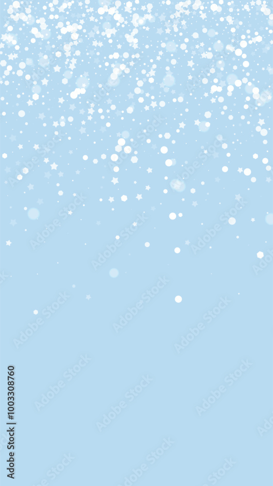 Falling snowflakes christmas background. Subtle flying snow flakes and stars on light blue winter backdrop. Beautifully falling snowflakes overlay. Vertical vector illustration. Falling snowflakes christmas background. Subtle flying snow flakes and stars on light blue winter backdrop. Beautifully falling snowflakes overlay. Vertical vector illustration.