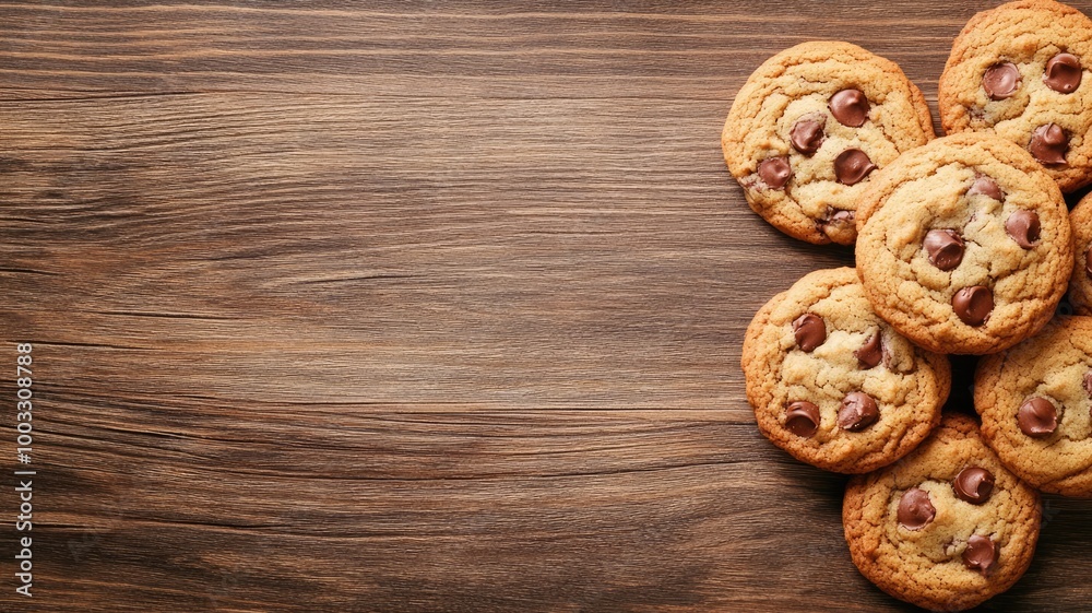 Fototapeta premium Chocolate chip cookies on wooden surface Eight with visible chocolate pieces in cluster