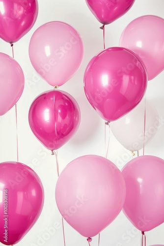 Pink decorative balloons on white background. Isolated studio shot of colorful party decorations. Beautiful festive atmosphere, perfect for birthday celebrations, holiday gatherings, surprise parties.