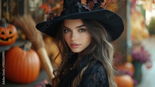 Enchanting Witch in Autumn Setting with Pumpkins and Magical Atmosphere