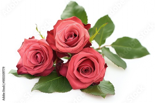 Pink rose flowers on white background. Beautiful fresh blooms with delicate petals. Romantic gift for birthday, holiday anniversary. Isolated on white, nobody in scene. Fresh fragrance of rose