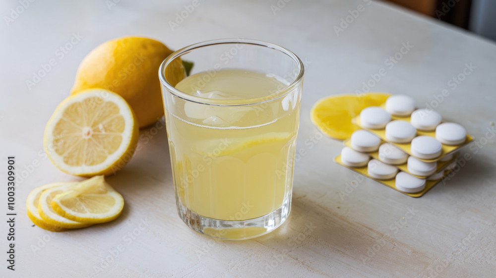 A glass of lemonade is placed on a table next to a pack of pills. The table is made of wood and has a smooth surface A glass of lemonade is placed on a table next to a pack of pills. The table is made of wood and has a smooth surface