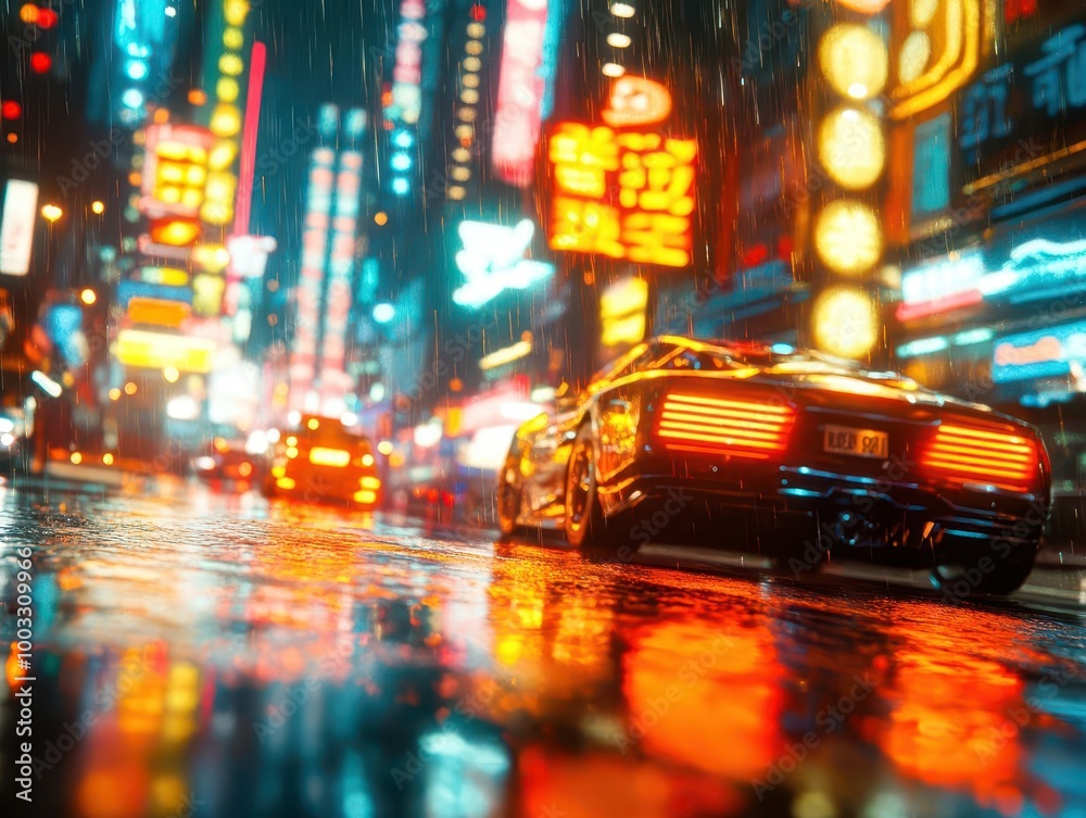 Fototapeta premium An urban street photography scene with a futuristic twist, capturing vibrant neon signs, fast-moving vehicles, and bustling city life at night Cyberpunk Neon High Detail