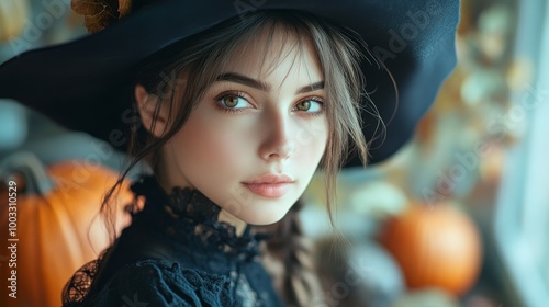 Enchanting Witch in Autumn Setting with Pumpkins and Magical Atmosphere