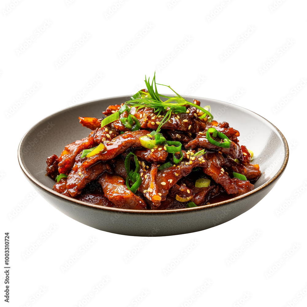 Beef with Sesame Seeds and Green Onions in a Bowl Beef with Sesame Seeds and Green Onions in a Bowl