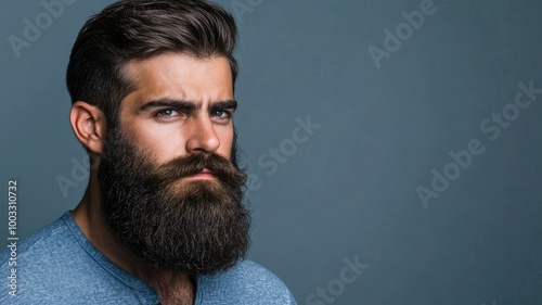 Caucasian man with full beard and styled hair, wearing blue shirt